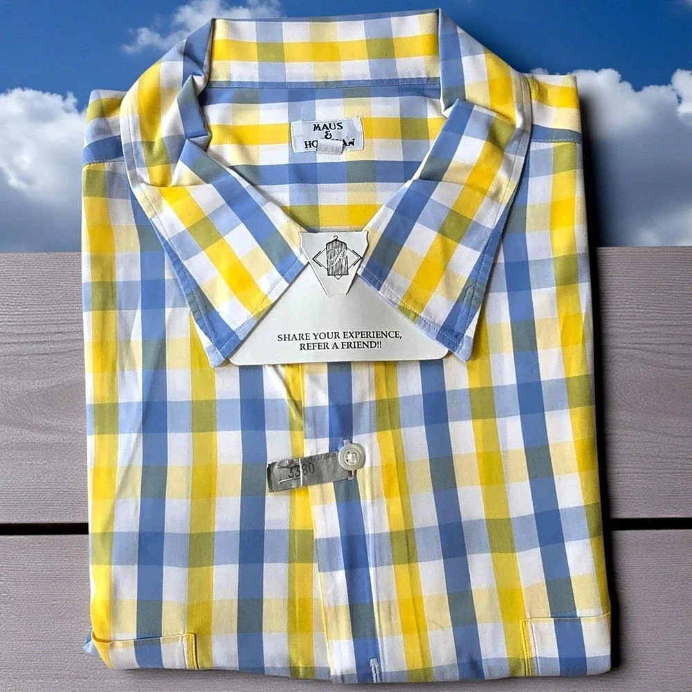 Vintage‎ Maus & Hoffman Cabana Shirt XXL Blue Yellow Check Cotton 80s 59